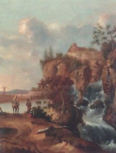 A Rocky Landscape With Peasants Conversing With A Travelers Before A Waterfall