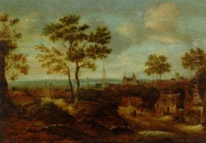 A Wooded Landscape With A View Of A Town by Nicolaes Molenaer