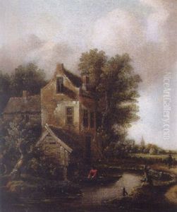 A Fisherman In A Rowing Boat On A Moat By A Fortified Mansion, Peasants On A Sandy Track Nearby