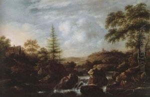 A Wooded Landscape With Peasants Collecting Firewood Beside A Waterfall by Nicolaes Molenaer