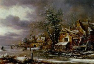A Winter Landscape With Skaters On A Frozen River By A Village by Nicolaes Molenaer