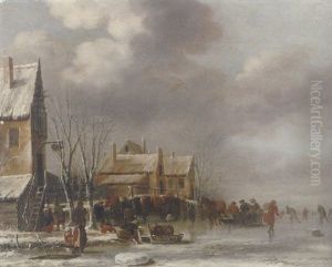 A Winter Landscape With Townsfolk On A Frozen Waterway