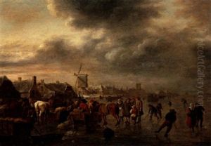 A Winter Landscape With Horses Feeding And Figures Skating On A Frozen River, A Town And Windmills Beyond by Nicolaes Molenaer