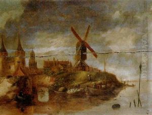 A Fortified Town On A River With Fishermen In Rowing Boats Unloading The Catch Near A Landing Stage