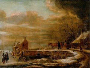 A Winterlandscape With A Horse-drawn Sledge On A Road By A Farmhouse, Kolfers And Skaters On A Frozen Waterway Nearby