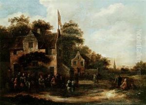 A Village Scene With Peasants Outside An Inn by Nicolaes Molenaer