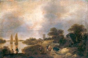 A River Landscape With Peasants And Cattle On A Track, Fishermen Nearby A River Landscape With Peasants And Cattle On A Track, Fishermen Nearby