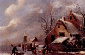Skaters With Sledges On A Frozen River Near A Cottage, A Church Nearby