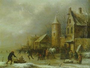 Peasants Skating On A Frozen River By An Inn By A Watchtower