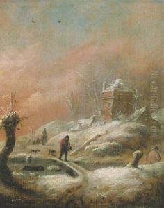 A Winter Landscape With A Man And Dog Crossing A Bridge And A Rider On A Track Near Houses by Nicolaes Molenaer