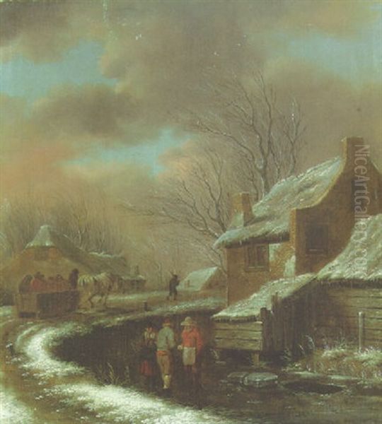 A Winter Landscape With Peasants In A Village And Travellers In A Cart - view 1