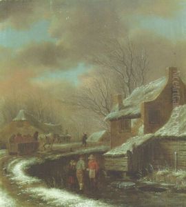 A Winter Landscape With Peasants In A Village And Travellers In A Cart by Nicolaes Molenaer