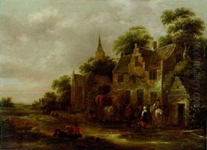Travellers And Peasants With A Horse And A Wagon By A Village Inn