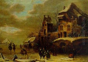 Figures On A Frozen Waterway By A Town