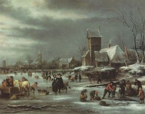 A Winter Landscape With Sledges And Figures Skating On A Frozen Waterway By A Dutch Village by Nicolaes Molenaer