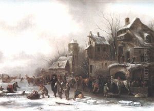 Winter Landscape With Two Elegant Gentlemen Standing Amid Children Winter Landscape With Two Elegant Gentlemen Standing Amid Children