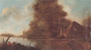 A Wooded River Landscape With Fishermen And Cottage by Nicolaes Molenaer