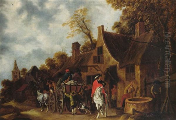 An Elegant Traveller On A Greyhorse And Peasants On A Horse And Wagon Halting By An Inn In A Village - view 1