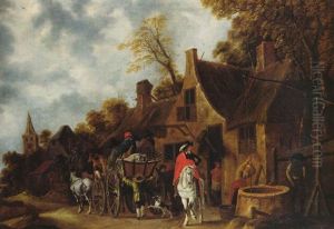 An Elegant Traveller On A Greyhorse And Peasants On A Horse And Wagon Halting By An Inn In A Village An Elegant Traveller On A Greyhorse And Peasants On A Horse And Wagon Halting By An Inn In A Village