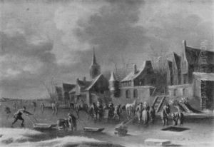 Skaters And Sledges On A Frozen Waterway By A Fortified Town
