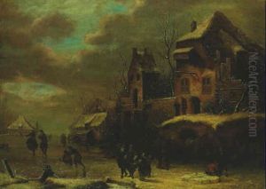 Figures On A Frozen Waterway By A Town
