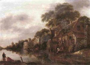 A River Landscape With A Woman Washing Laundry Before A Cottage A River Landscape With A Woman Washing Laundry Before A Cottage