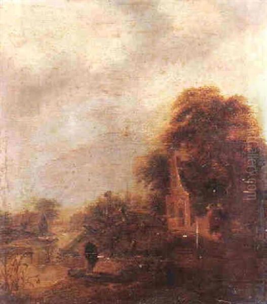 A River Landscape With Two Figures Fishing In The Foreground, Cottages And A Church - view 1