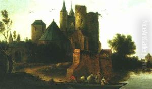 River Landscape With A Castle And A Ferry Boat by Nicolaes Molenaer