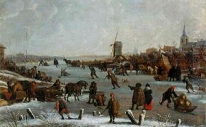 A Winter Landscape With Skaters And Sledges On A Frozen River By A Village, A Town Beyond A Winter Landscape With Skaters And Sledges On A Frozen River By A Village, A Town Beyond