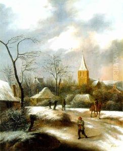 A Winter Landscape With A Horseman And Peasants Walking On A Path By A Village by Nicolaes Molenaer