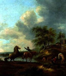A Landscape With Bathers At A River And A Rider Leading A Horse On A Bank by Nicolaes Molenaer