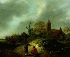 Peasants Conversing On A Track, A Village Beyond by Nicolaes Molenaer
