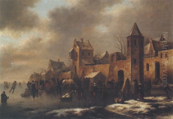 Winter Landscape With A Walled Town And Figures Skating - view 1