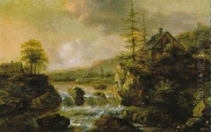 Felsige Flusslandschaft Mit Wasserfall by Nicolaes Molenaer