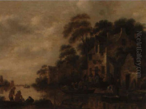 River Landscape With Figures Outside An Inn - view 1
