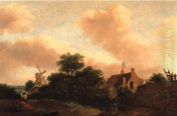 Dorf An Einem Flus Mit Einer Windmuhle Und Rastenden - view 1