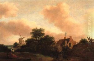 Dorf An Einem Flus Mit Einer Windmuhle Und Rastenden by Nicolaes Molenaer