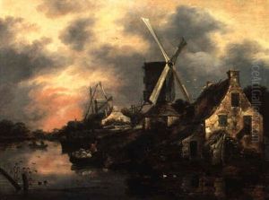 Abendliche Fluslandschaft Mit Windmuhlen Und Booten by Nicolaes Molenaer