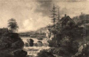 Peasants Resting By A Torrent, Farm Nearby by Nicolaes Molenaer
