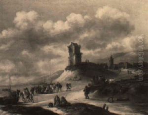 Peasants And Travellers On The Beach Near Scheveningen by Nicolaes Molenaer