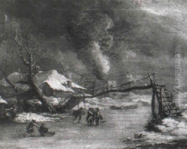 A Winter Landscape With Figures On A Frozen River - view 1