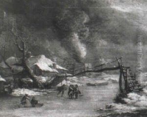 A Winter Landscape With Figures On A Frozen River by Nicolaes Molenaer