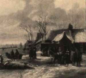 A Winter Landscape With Townsfolk In Horse-drawn Sledges By A Frozen River