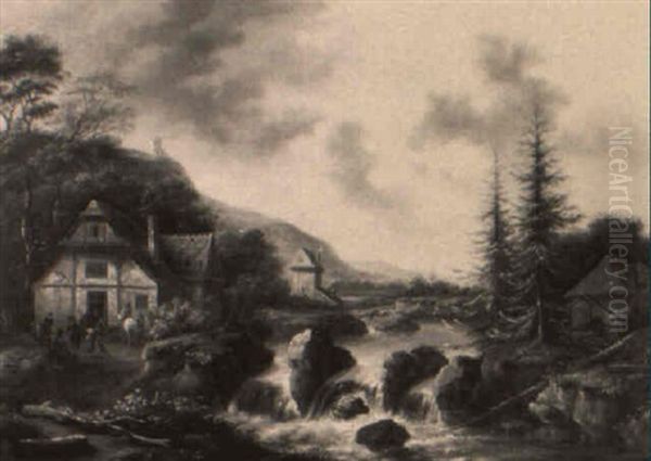 Travellers Before An Inn By A Waterfall - view 1