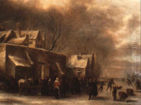 A Village Scene In Winter With Figures Skating In The Background - view 1