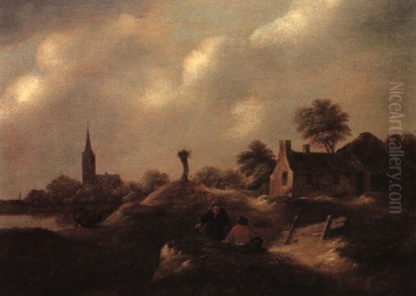 Fishermen On A Sandy Dune Near Rustic Houses - view 1