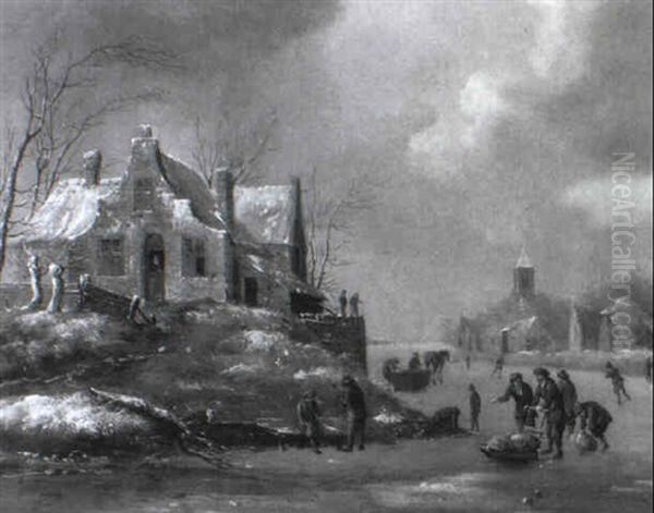 Winterliche Fluslandschaft Mit Schlittschuhlaufern - view 1