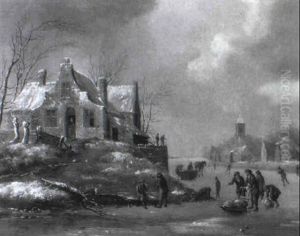 Winterliche Fluslandschaft Mit Schlittschuhlaufern