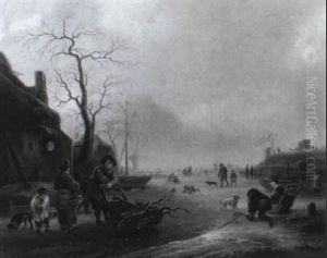 Schlittschuhlaufer Bei Einem Dorf by Nicolaes Molenaer