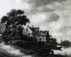 Peasants By A Stream Outside A Village by Nicolaes Molenaer